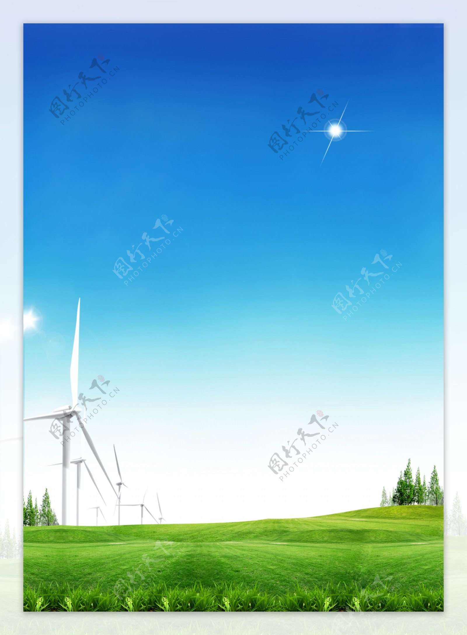 绿色草坪蓝色天空风车环保背景