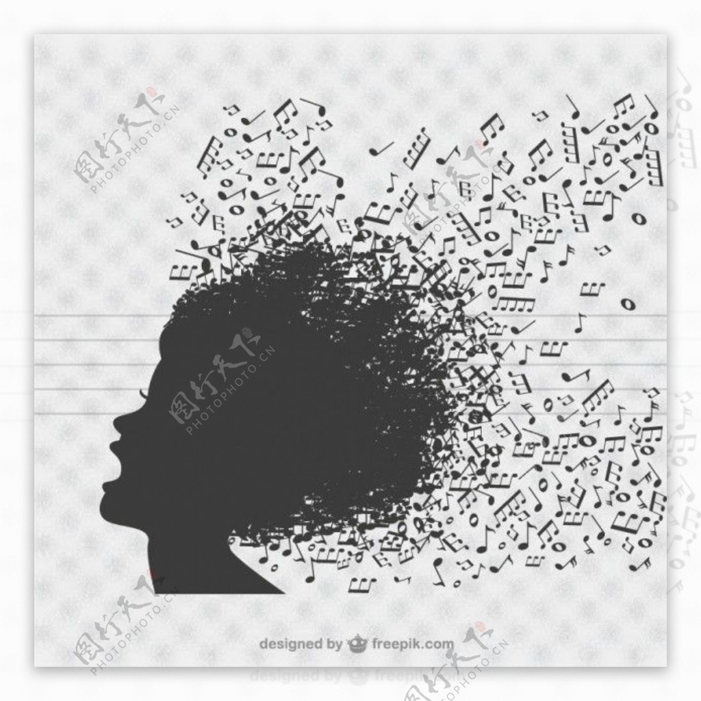 音乐歌手的轮廓与音乐音符的头发
