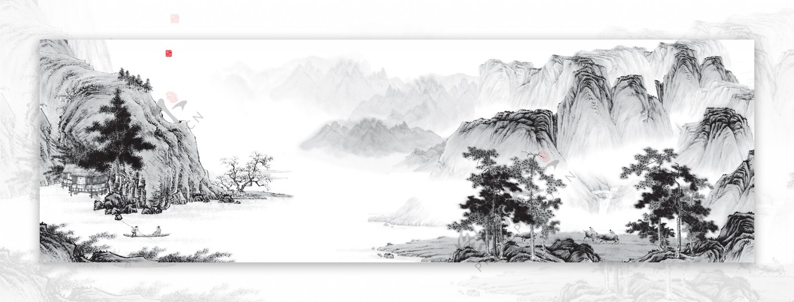 中式手绘水墨山水海报背景
