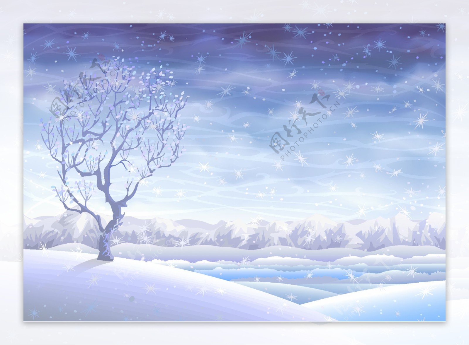 浪漫冬天里的雪景插画