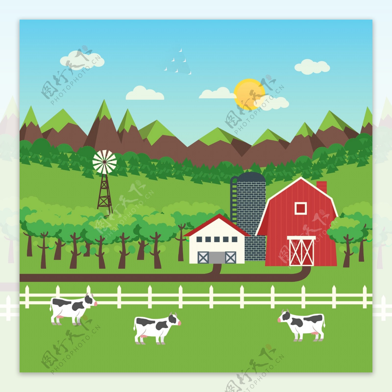 绿色农场风景插画矢量素材