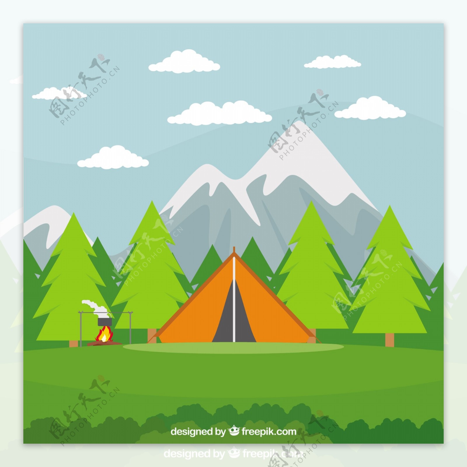 橙色野营帐篷在一个美丽的风景