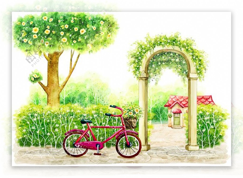 手绘韩式风景绿色庭院插画设计