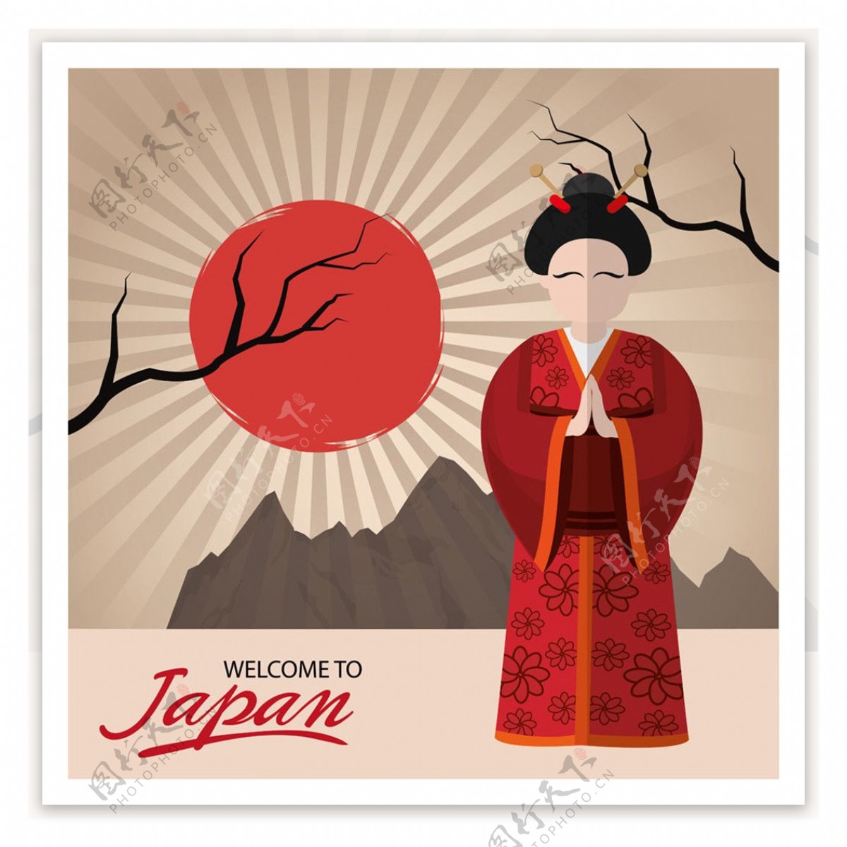 日本和服女人和太阳图片