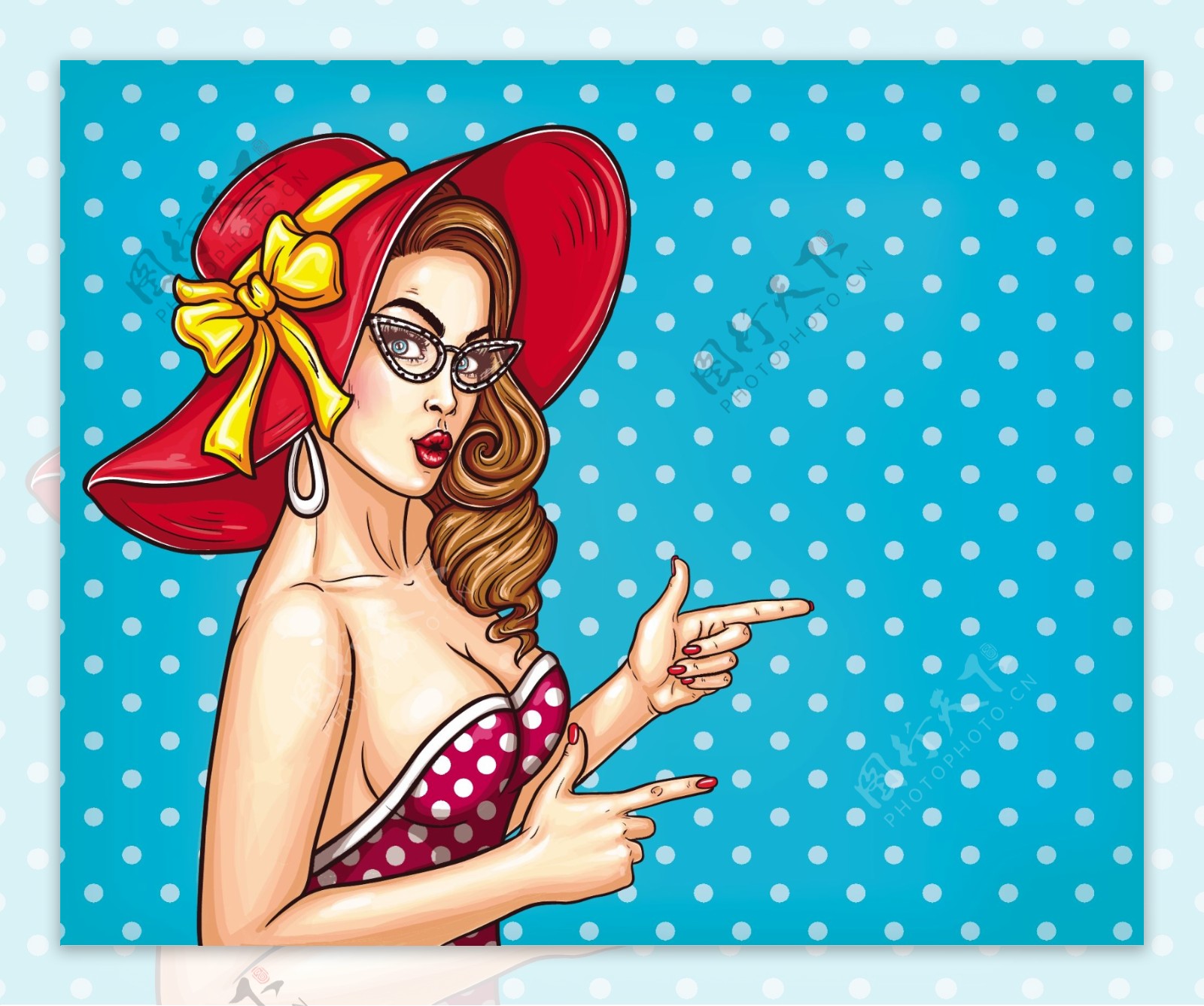 矢量流行艺术在一个豪华的帽子和眼镜点指向一个性感女孩的插图