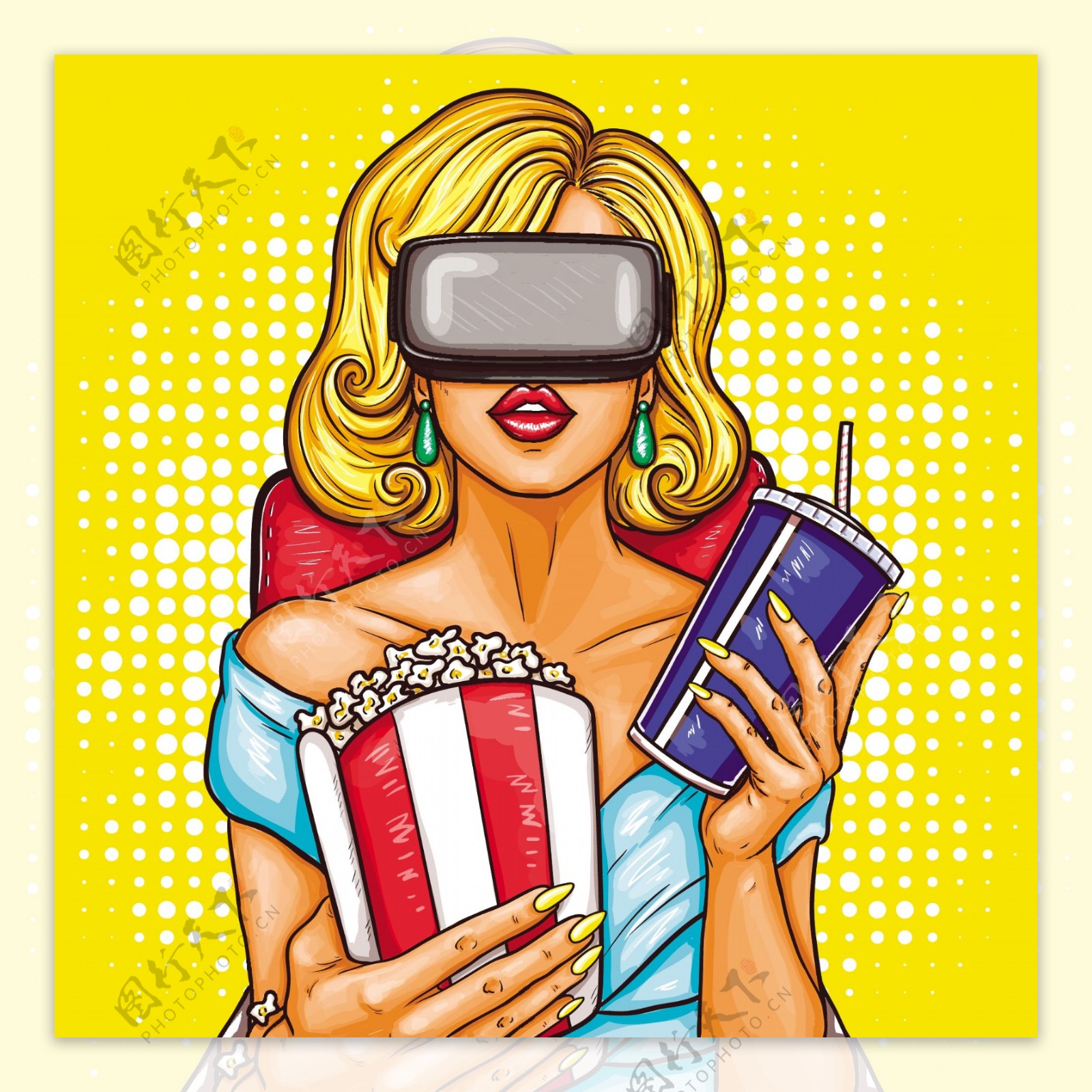 矢量波普艺术女人与虚拟现实眼镜看电影