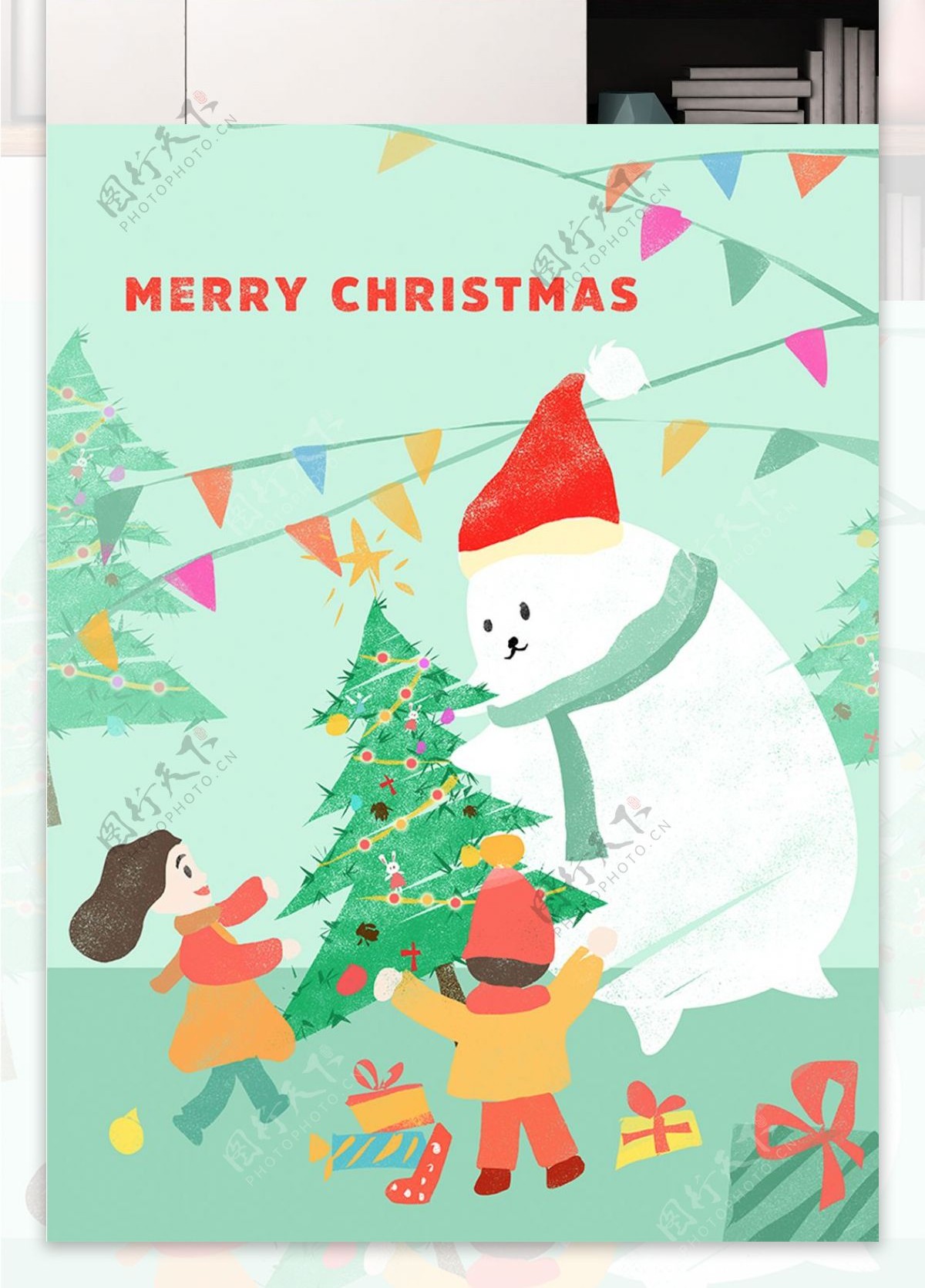 清新绿色可爱雪人玩耍圣诞节手绘插画海报
