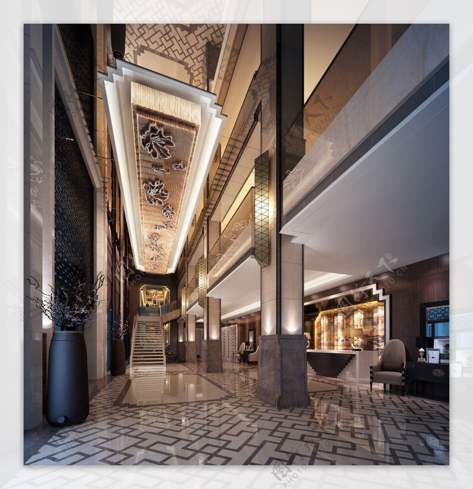 现代时尚酒店走廊花纹地板工装装修效果图