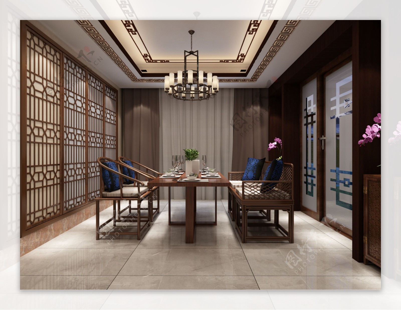 中式风格复古清新家装餐厅效果图