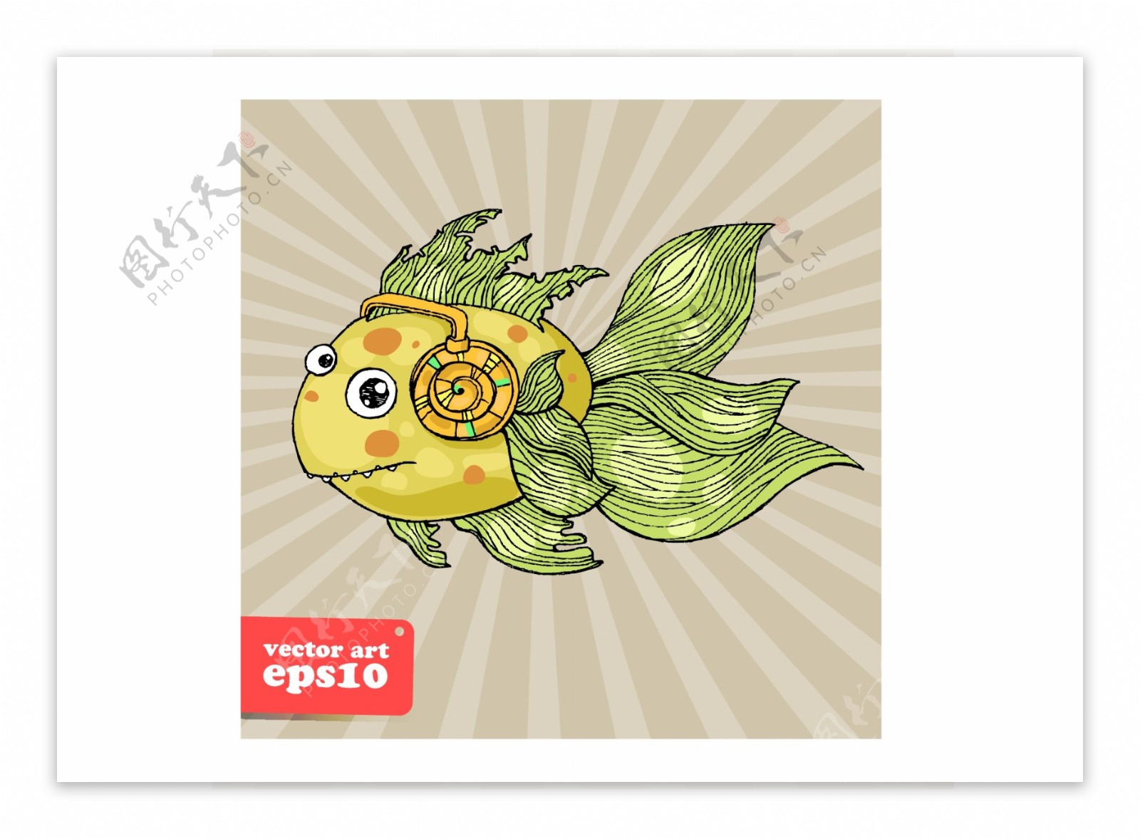 卡通绿色金鱼动物矢量素材