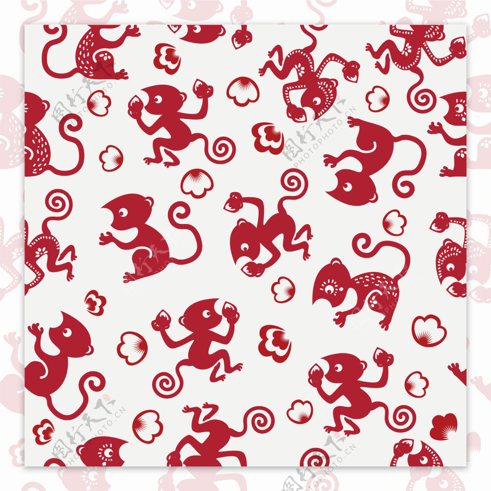 中国风红色剪纸小猴壁纸图案装饰设计