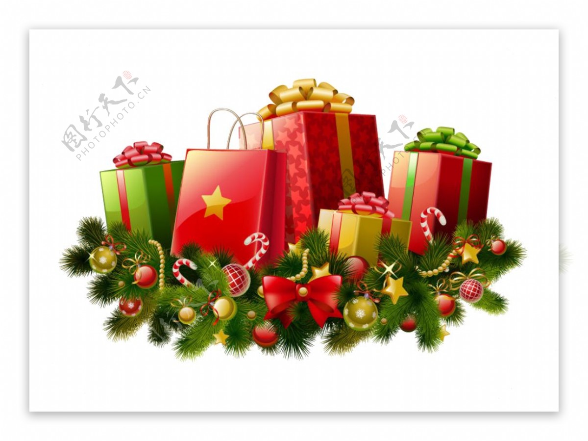 圣诞松枝和红色礼盒免抠png透明素材