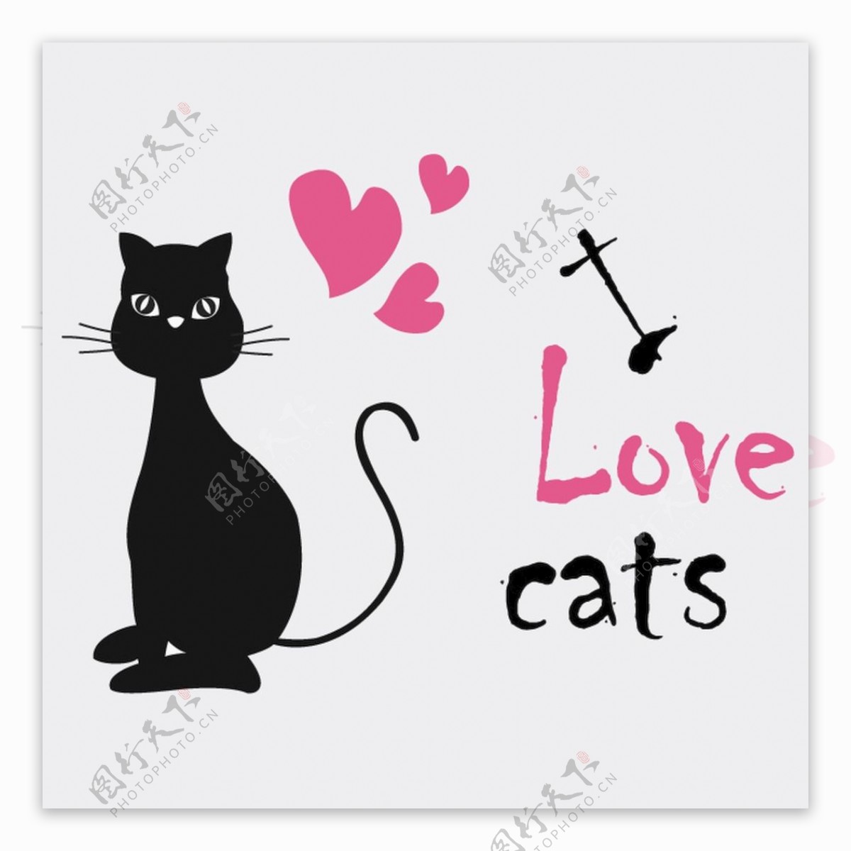卡通手绘可爱黑色小猫猫咪爱心红色英文装饰壁纸