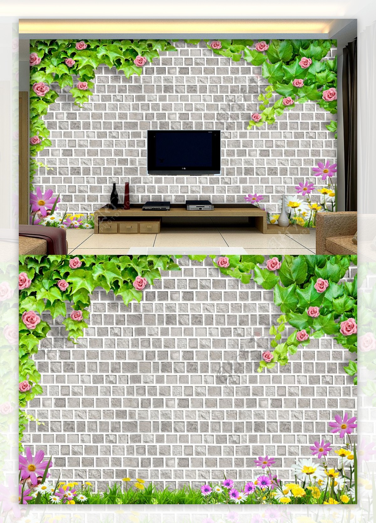 3D植物墙沙发电视背景墙