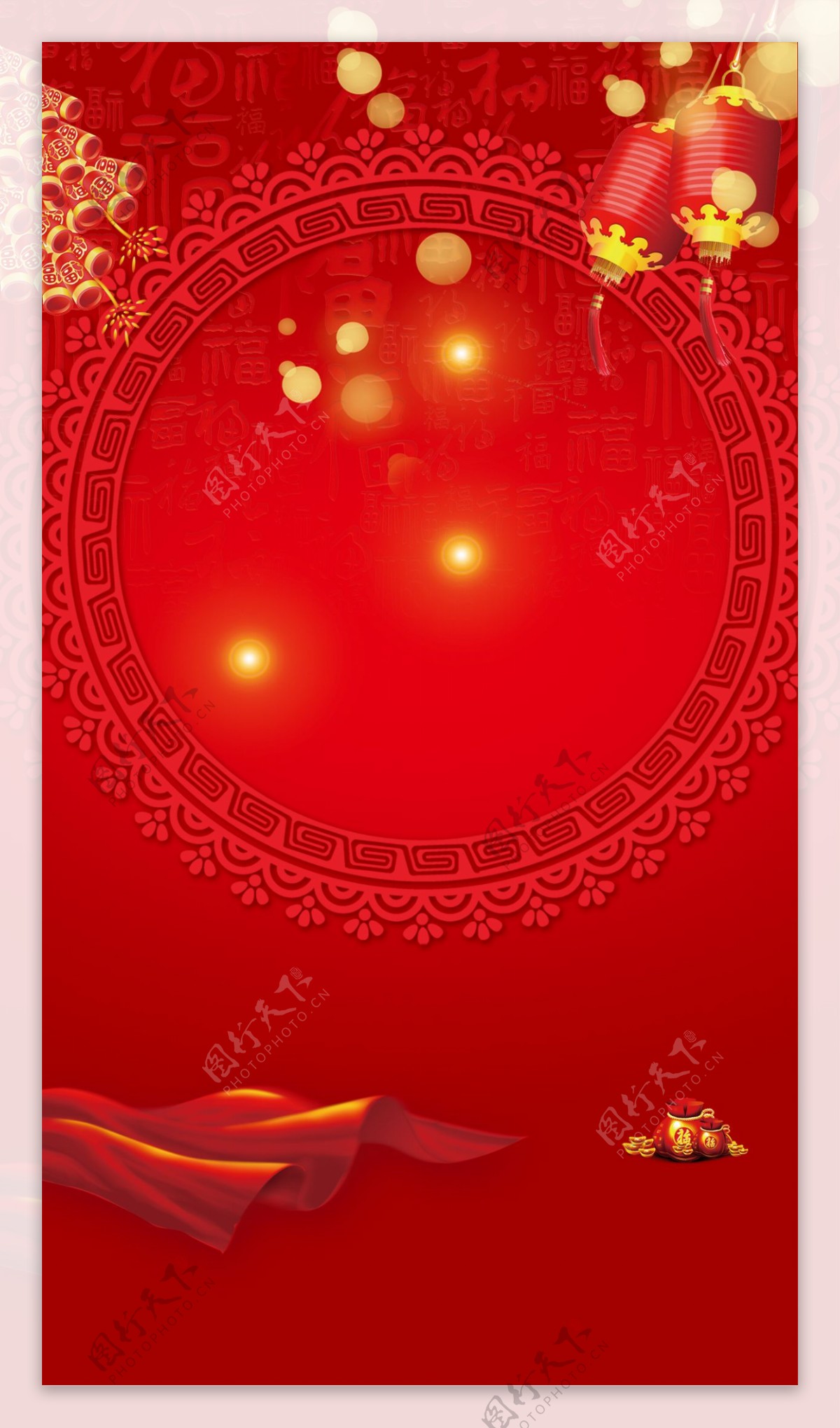 红色中国风绸缎灯笼春节H5背景素材