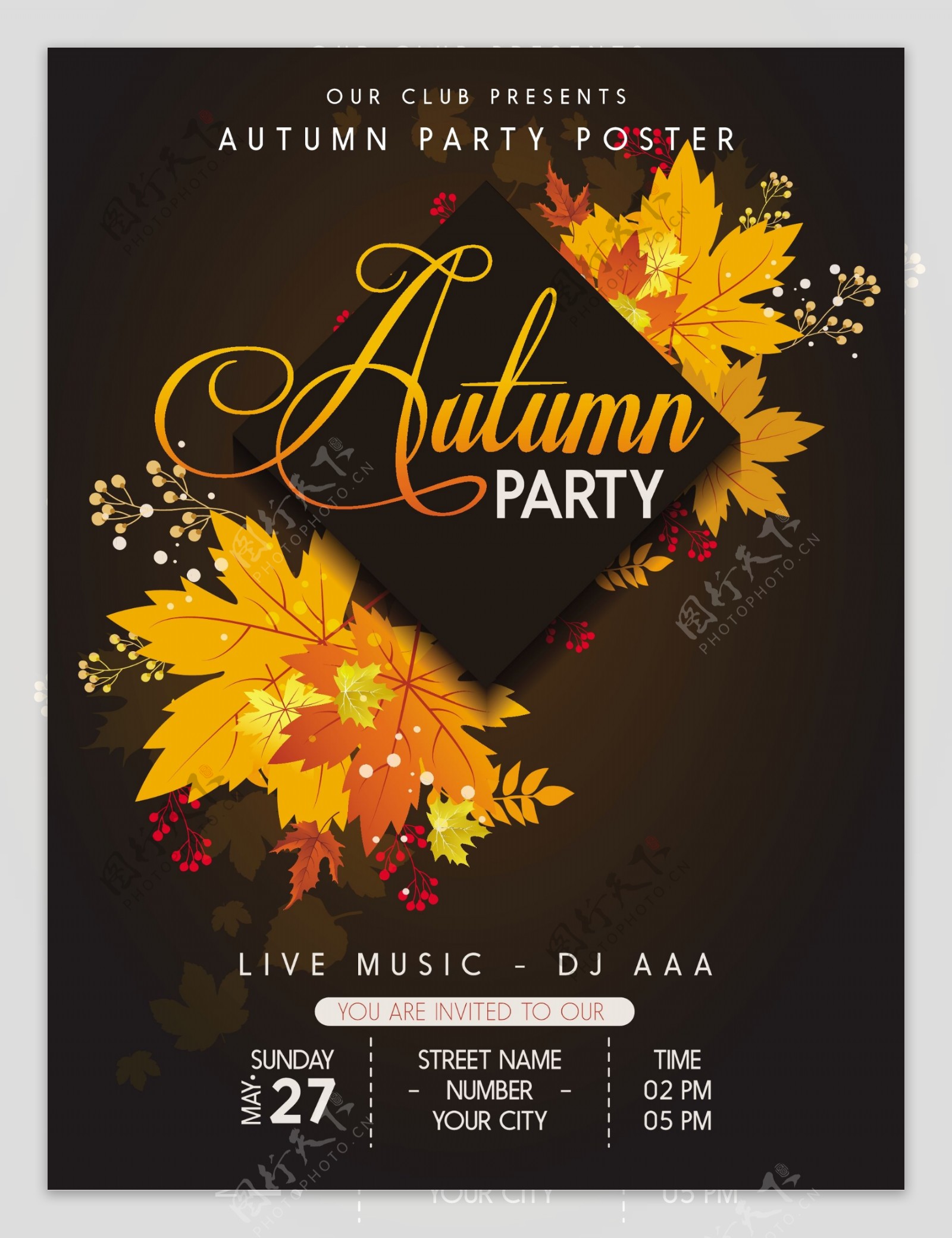 黑色黄叶装饰秋季派对海报设计