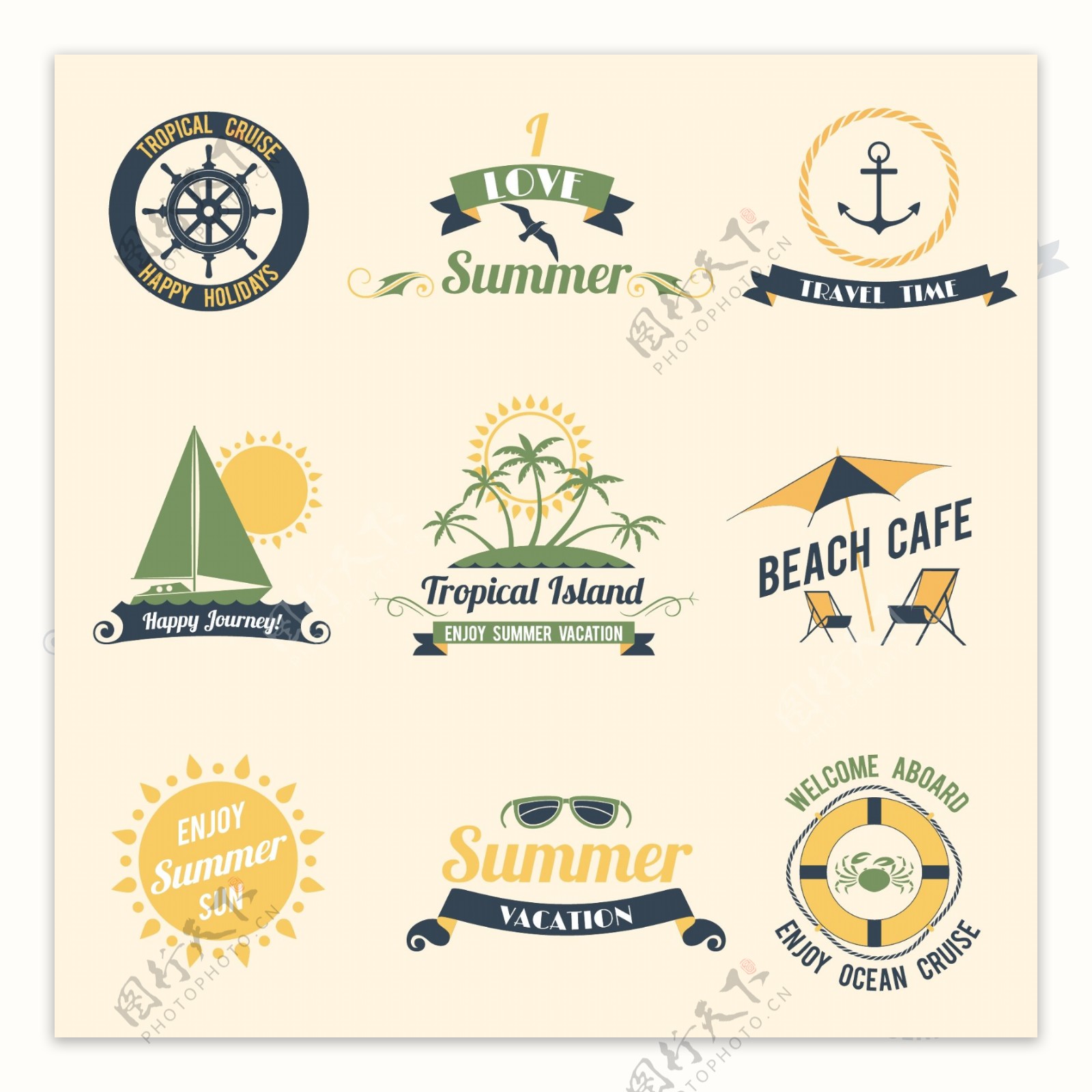 夏季海复古度假热带邮轮节日快乐的标签集合分离的矢量插画