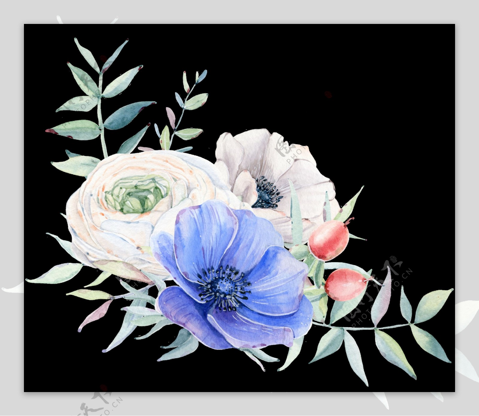 手绘灿烂绽开的鲜花透明装饰图案