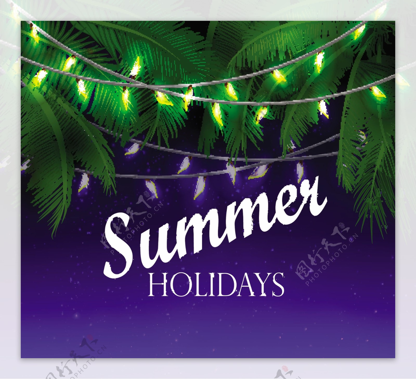 夏日假期彩灯串装饰的棕榈树矢量图