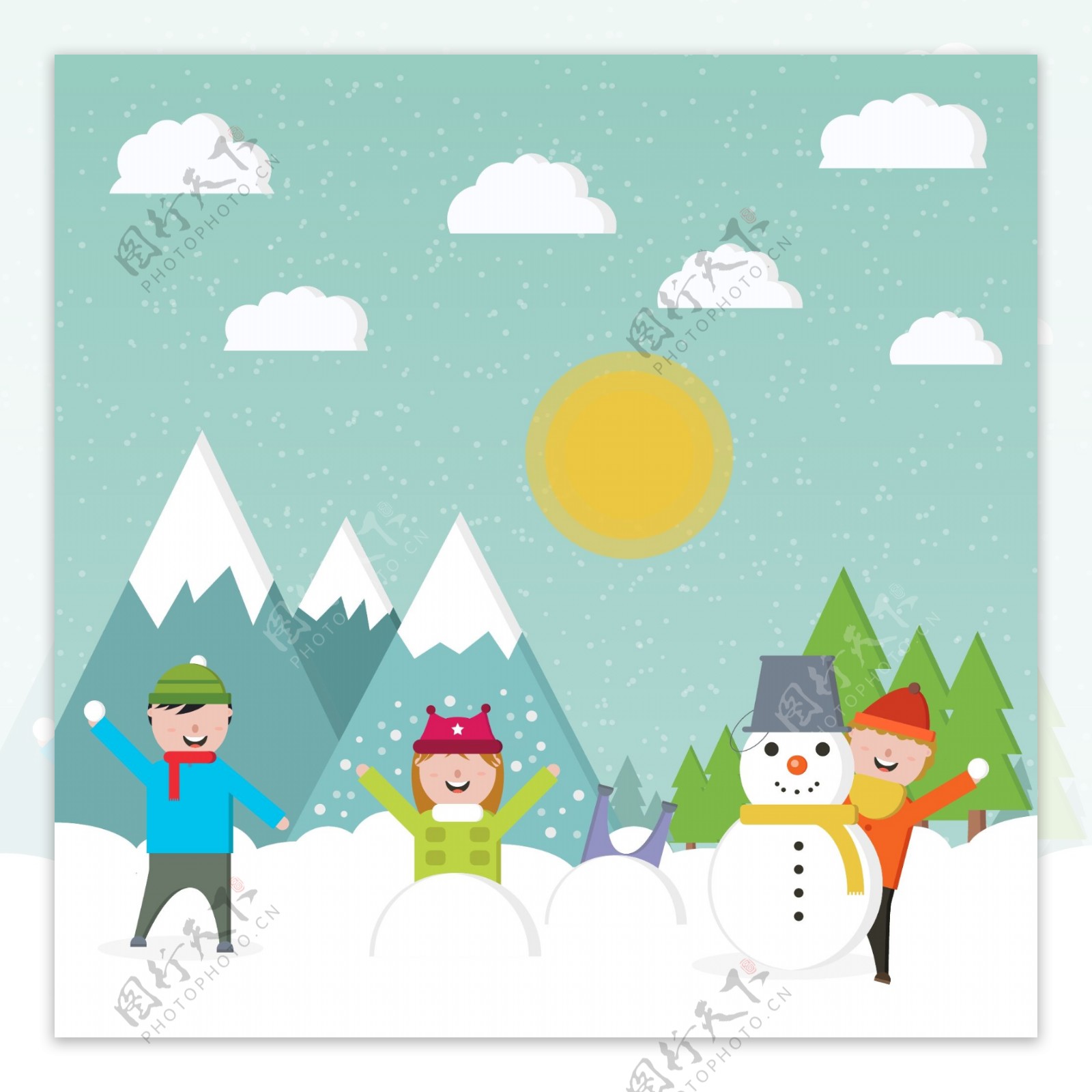 儿童游戏雪地景观背景矢量素材