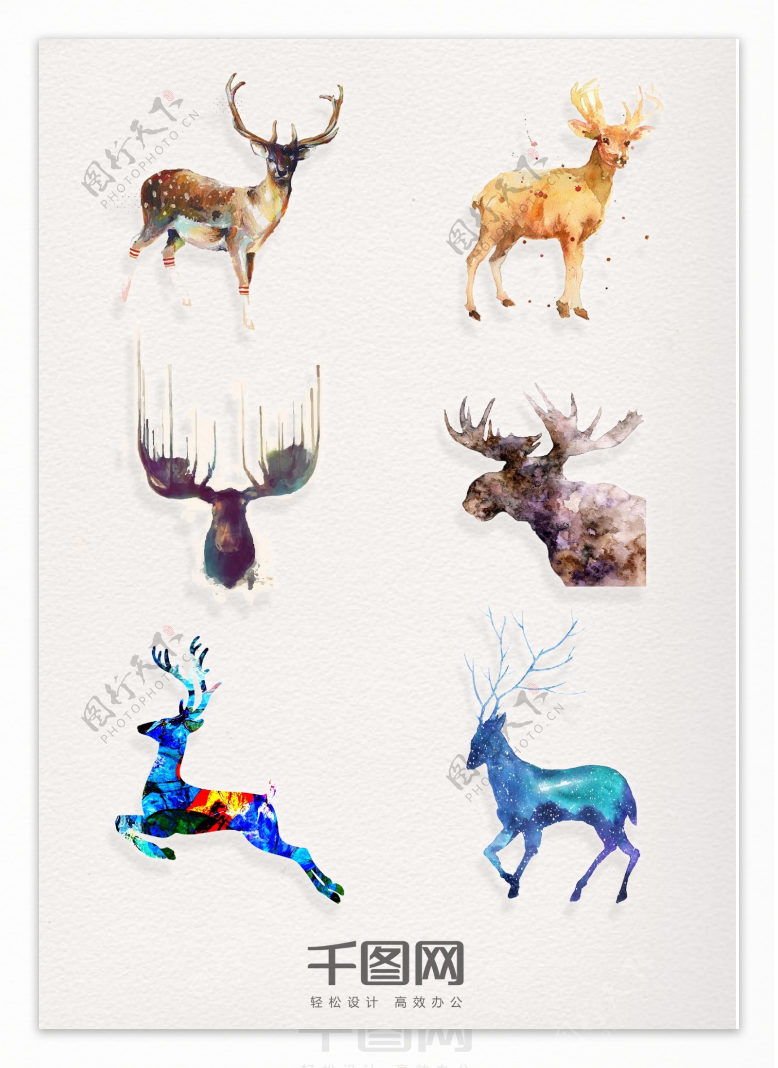 一组精美水彩动物鹿设计素材