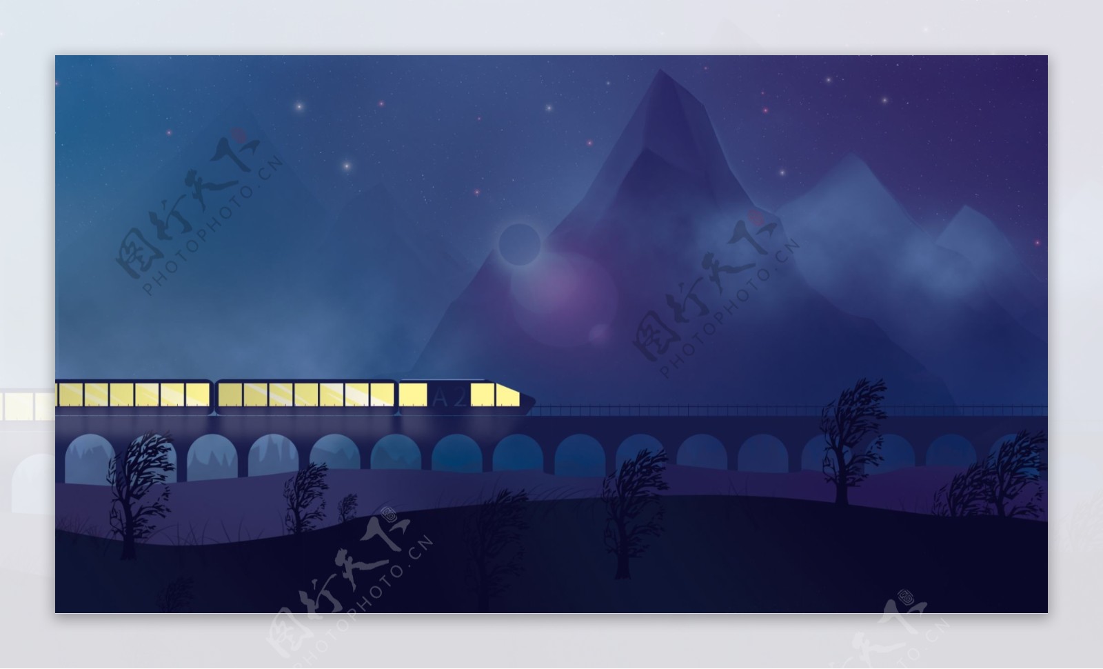 蓝色手绘火车桥背景