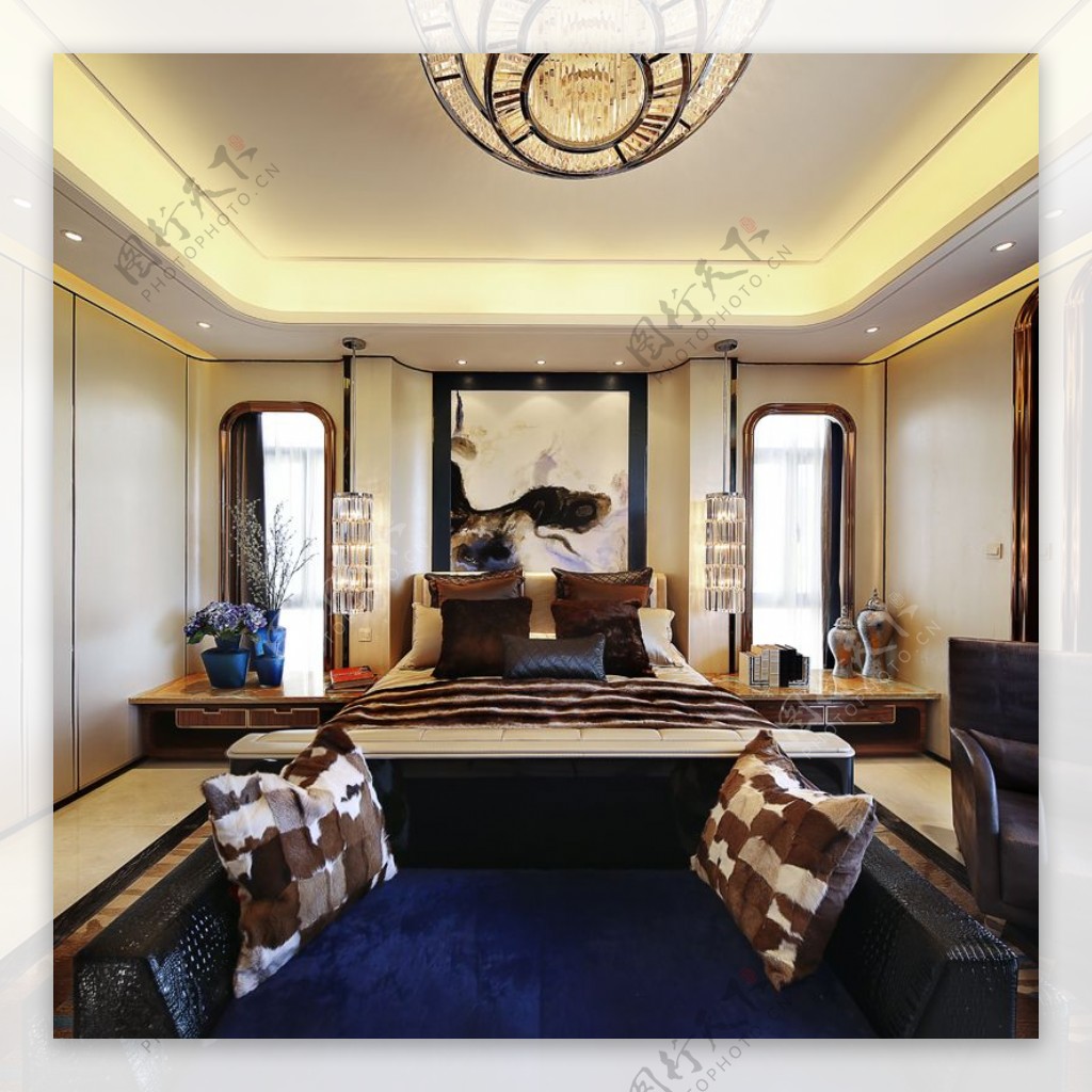 现代时尚卧室深蓝色地毯室内装修效果图