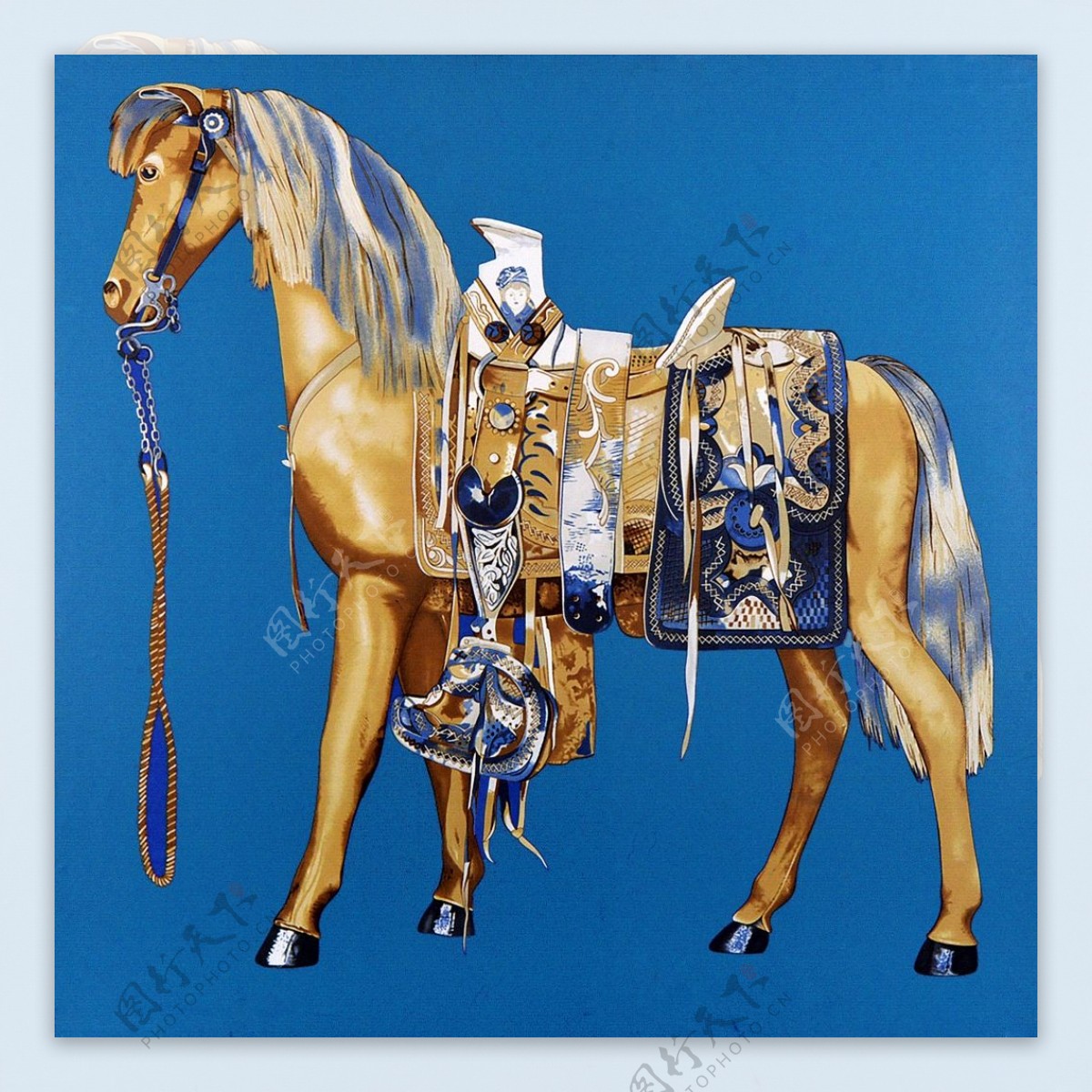 蓝色彩绘马匹马鞍针绣装饰画