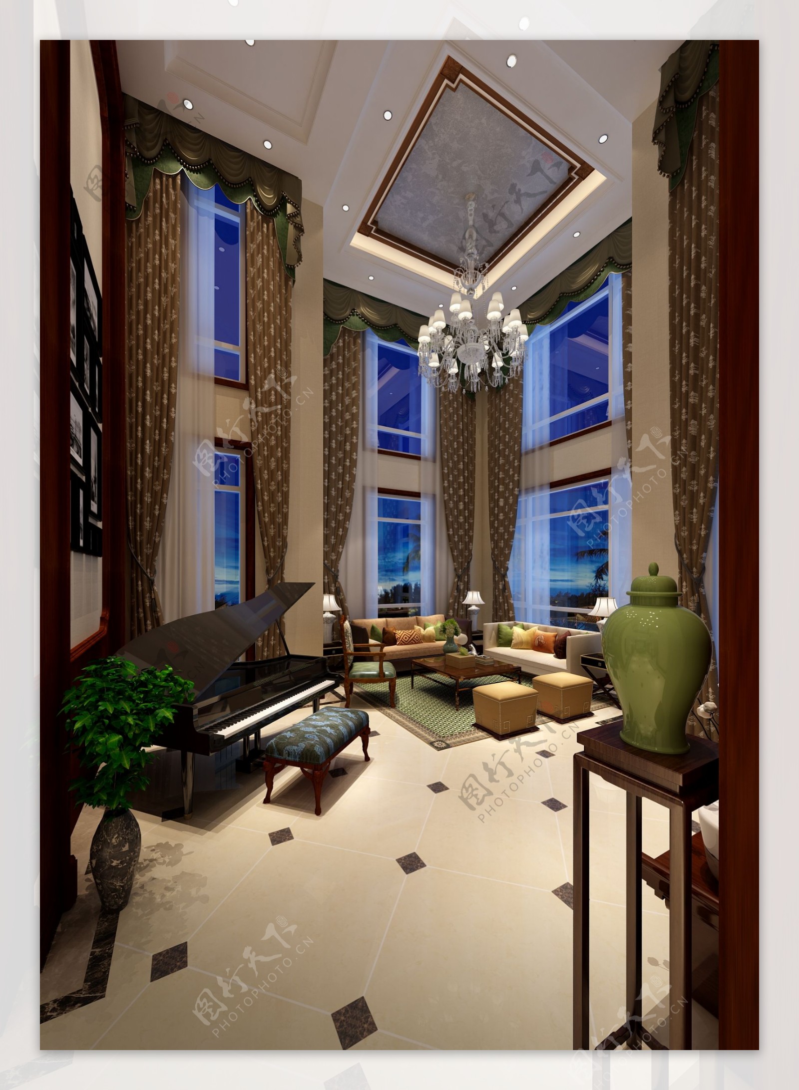 现代时尚风格客厅钢琴室内装修效果图