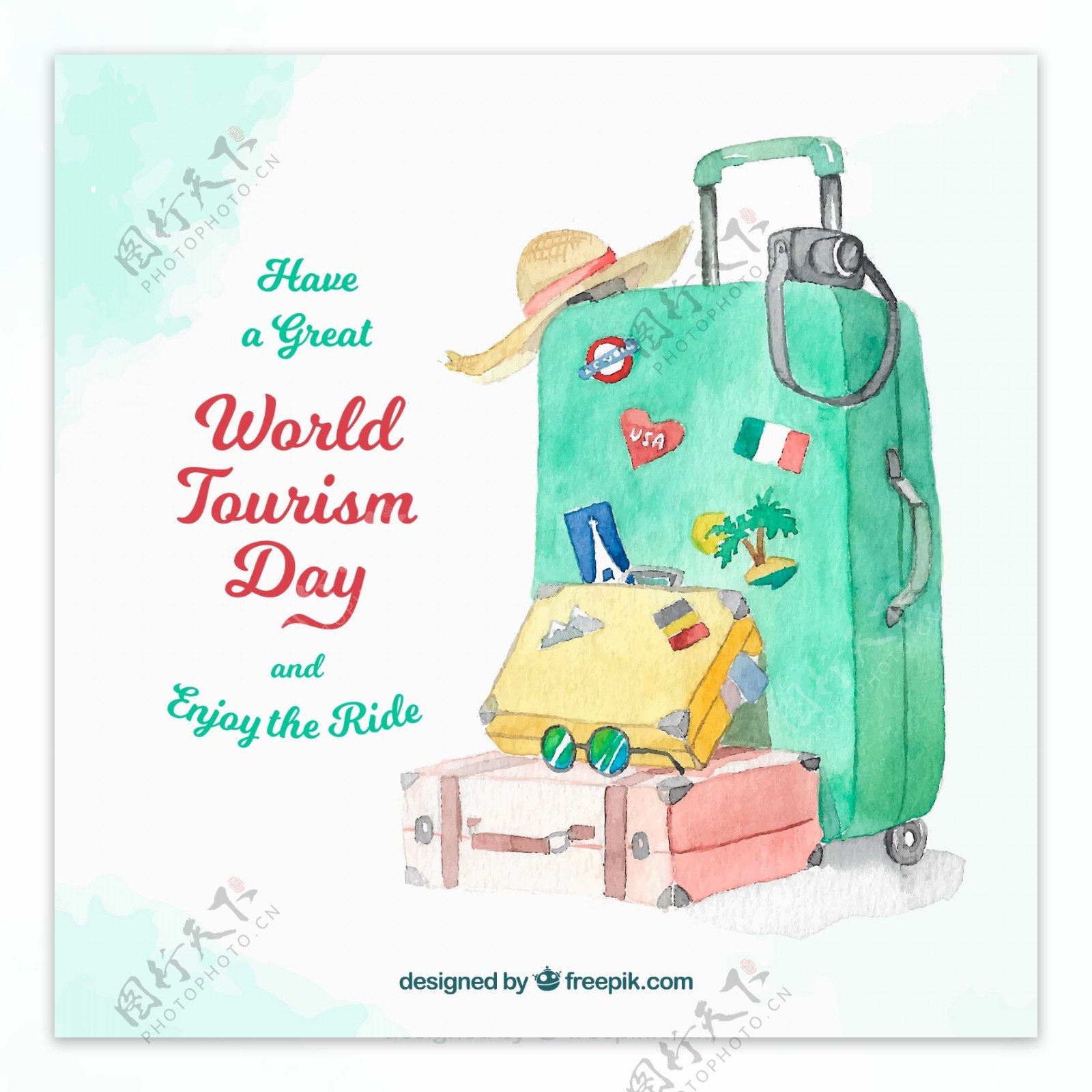 水彩旅游旅行行李箱插画