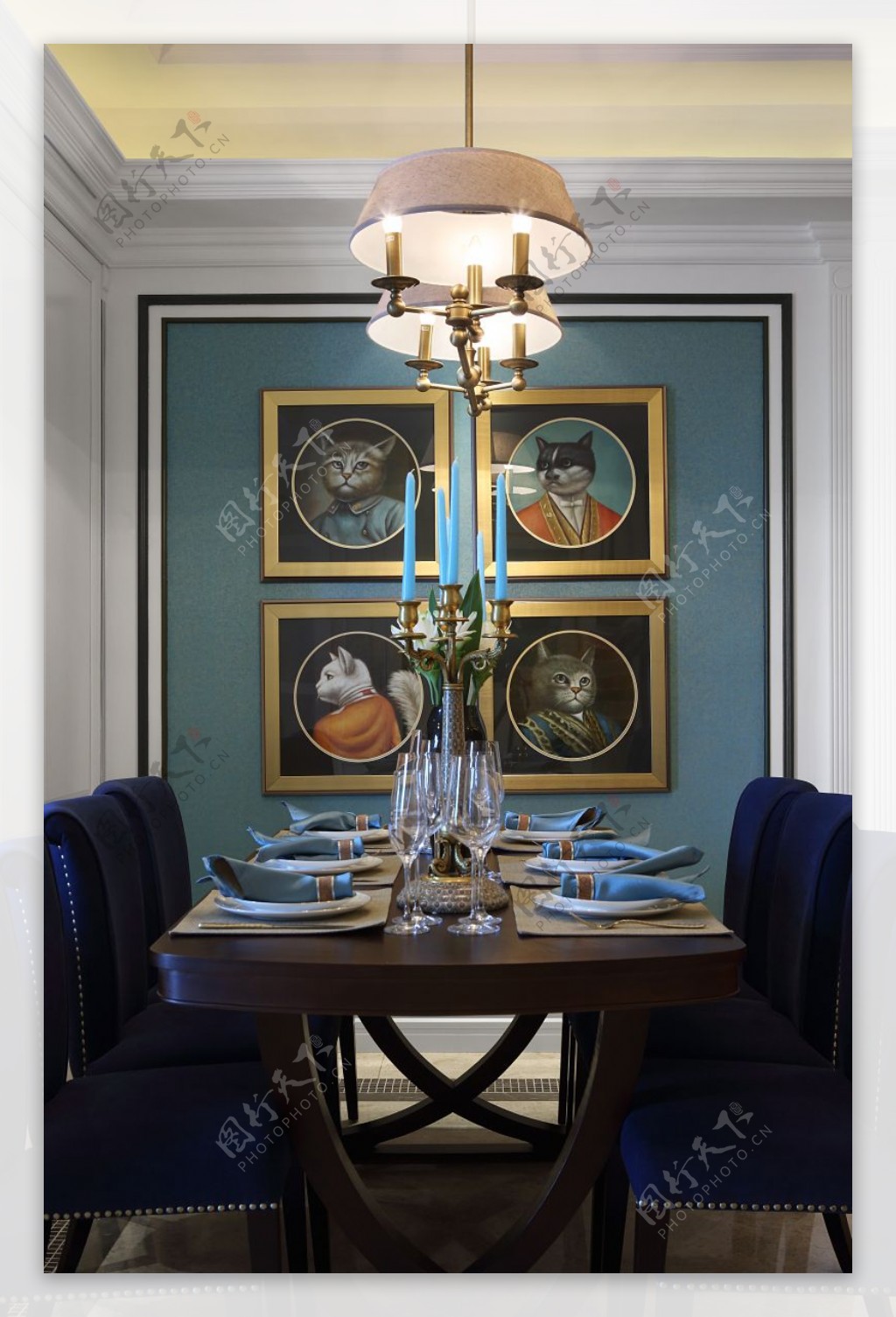 简约风室内设计餐厅蓝色餐桌凳效果图