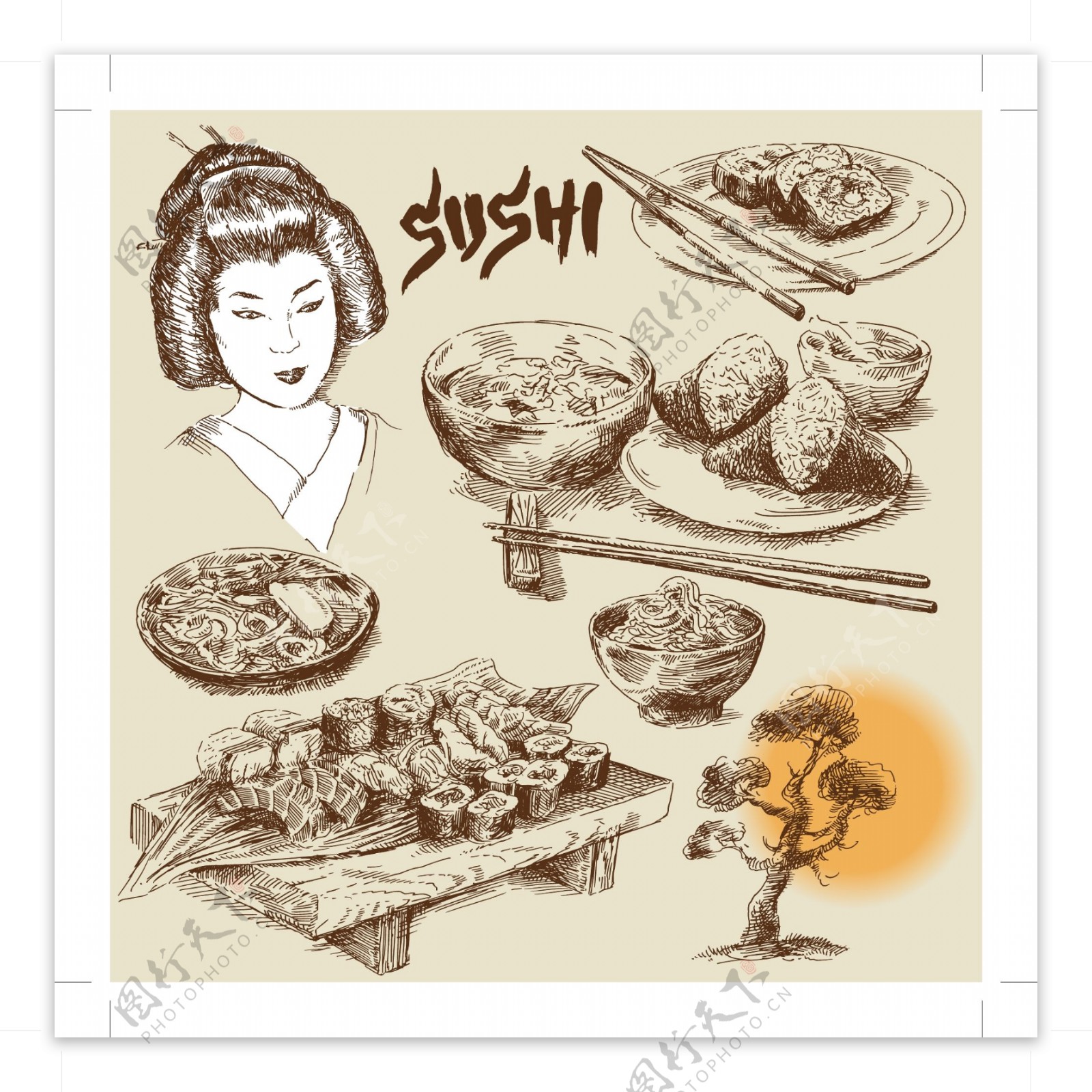 手绘日本寿司元素插画