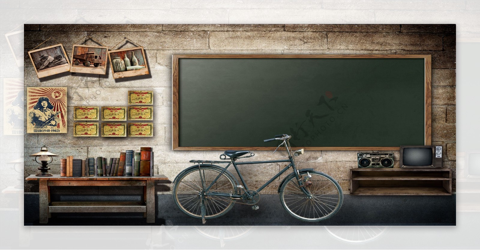 复古木板墙壁自行车banner背景素材