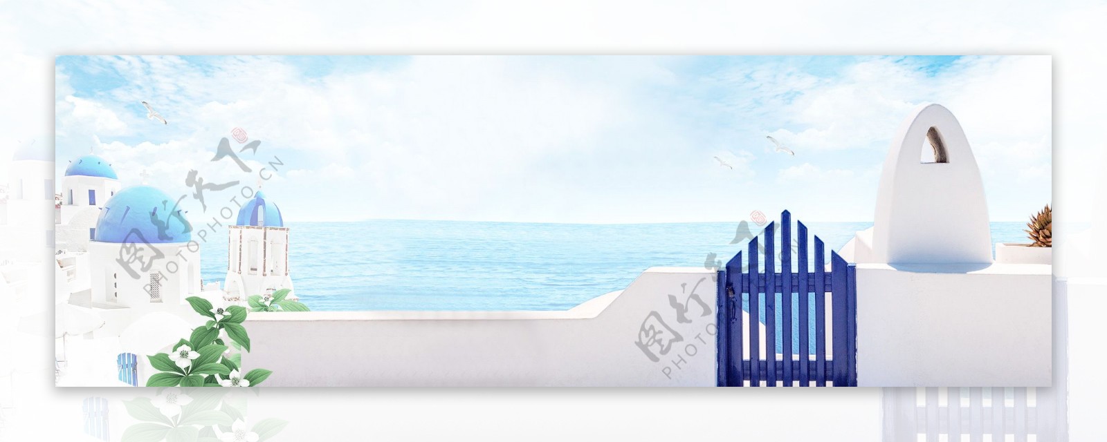 蓝色大海城堡banner背景素材