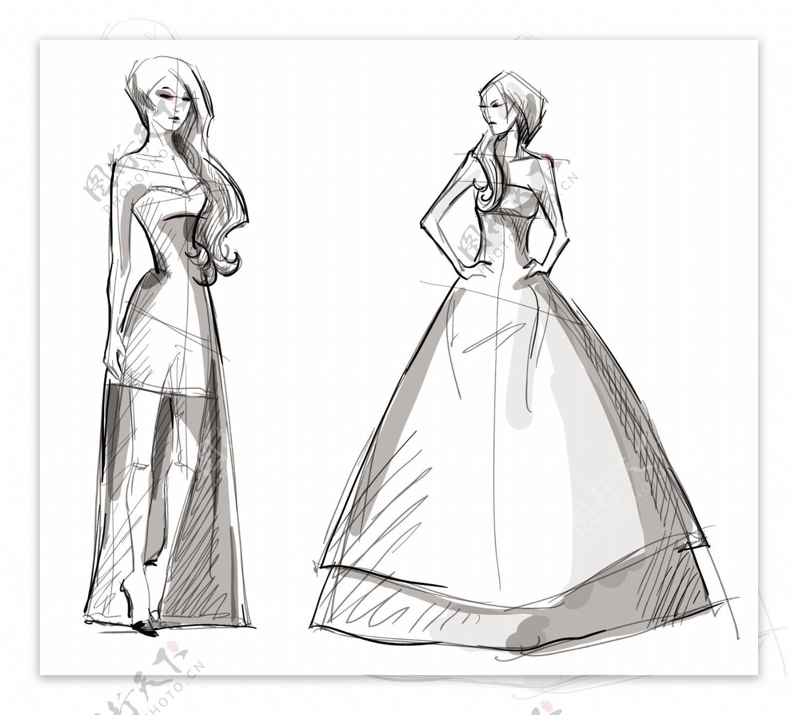 婚纱造型服装设计草图矢量素材