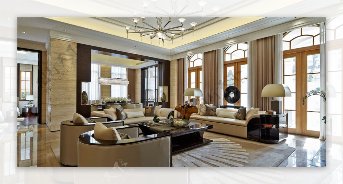 现代时尚客厅银色条状吊灯室内装修效果图