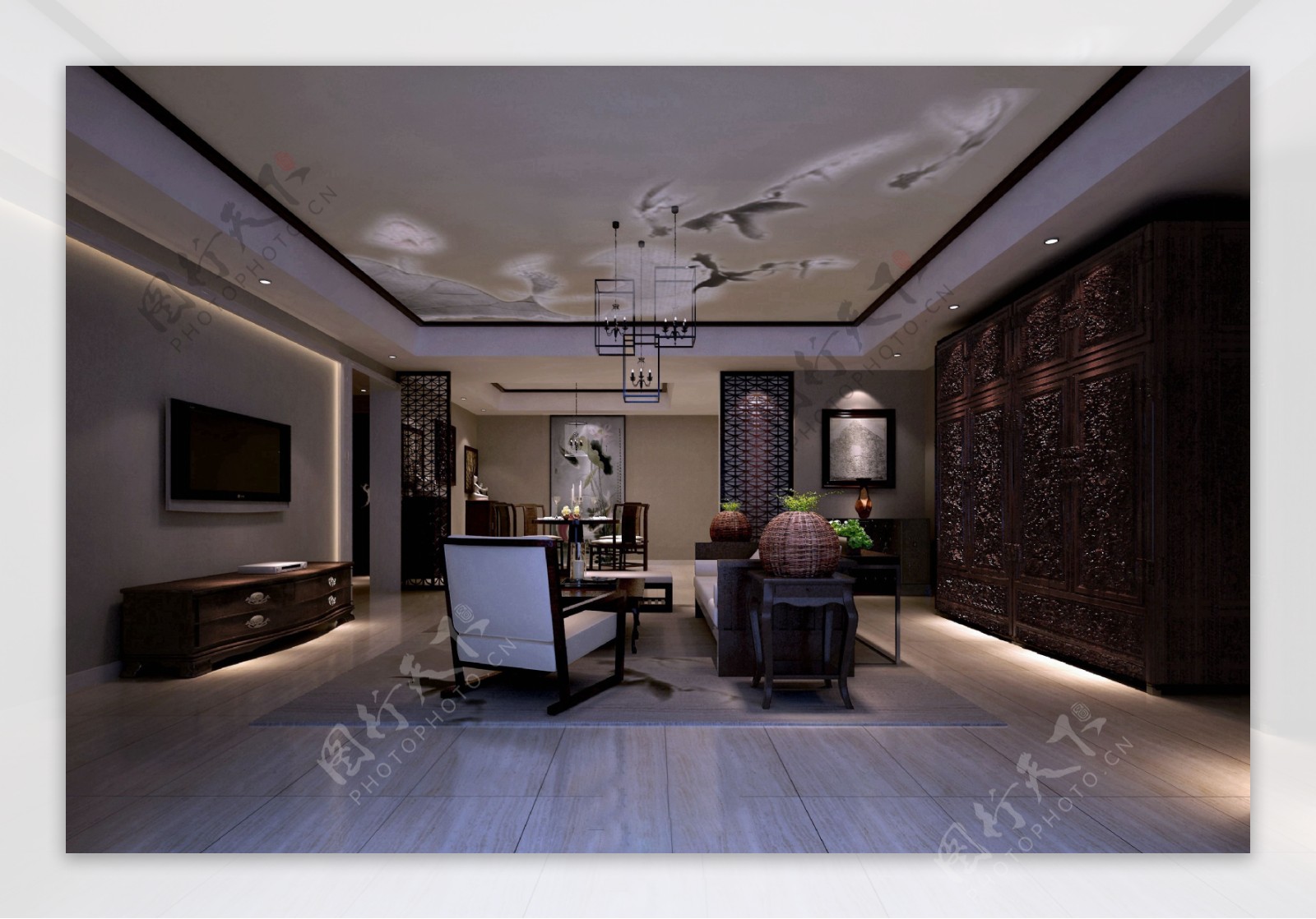 现代时尚客厅木雕花纹柜子室内装修效果图