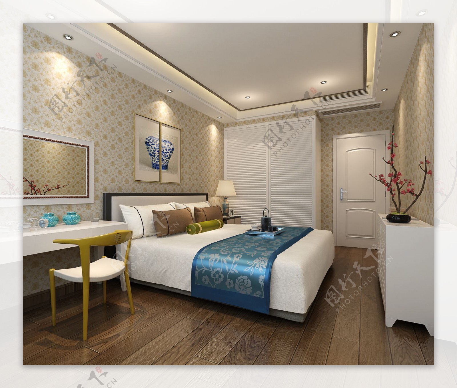 新中式温馨简约风格卧室软装效果图