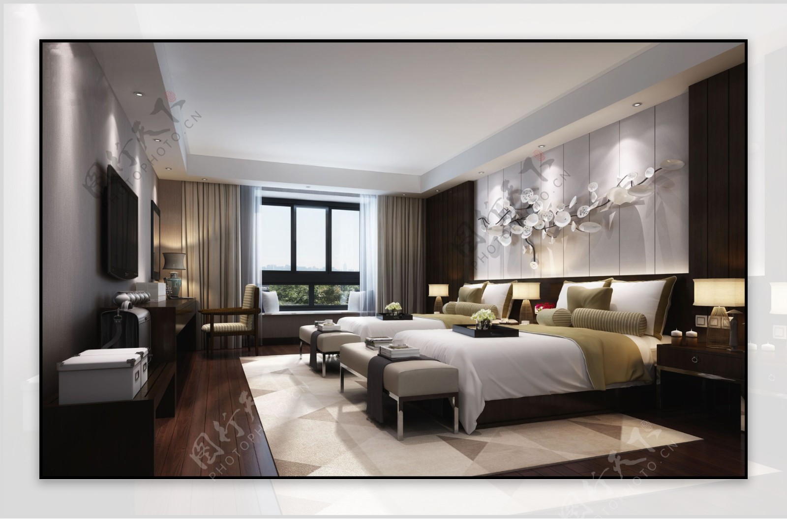 现代时尚白色格子地毯卧室室内装修效果图