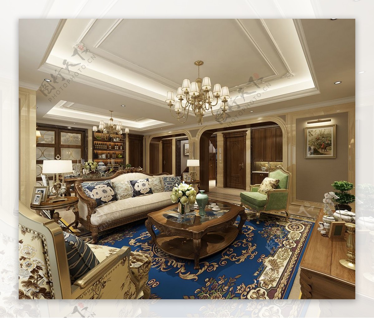 美式清新客厅蓝色金边地毯室内装修效果图