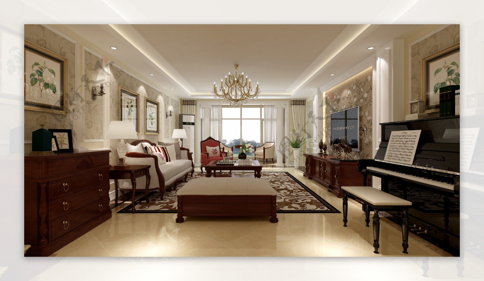 美式清新婉约风格客厅钢琴室内装修效果图