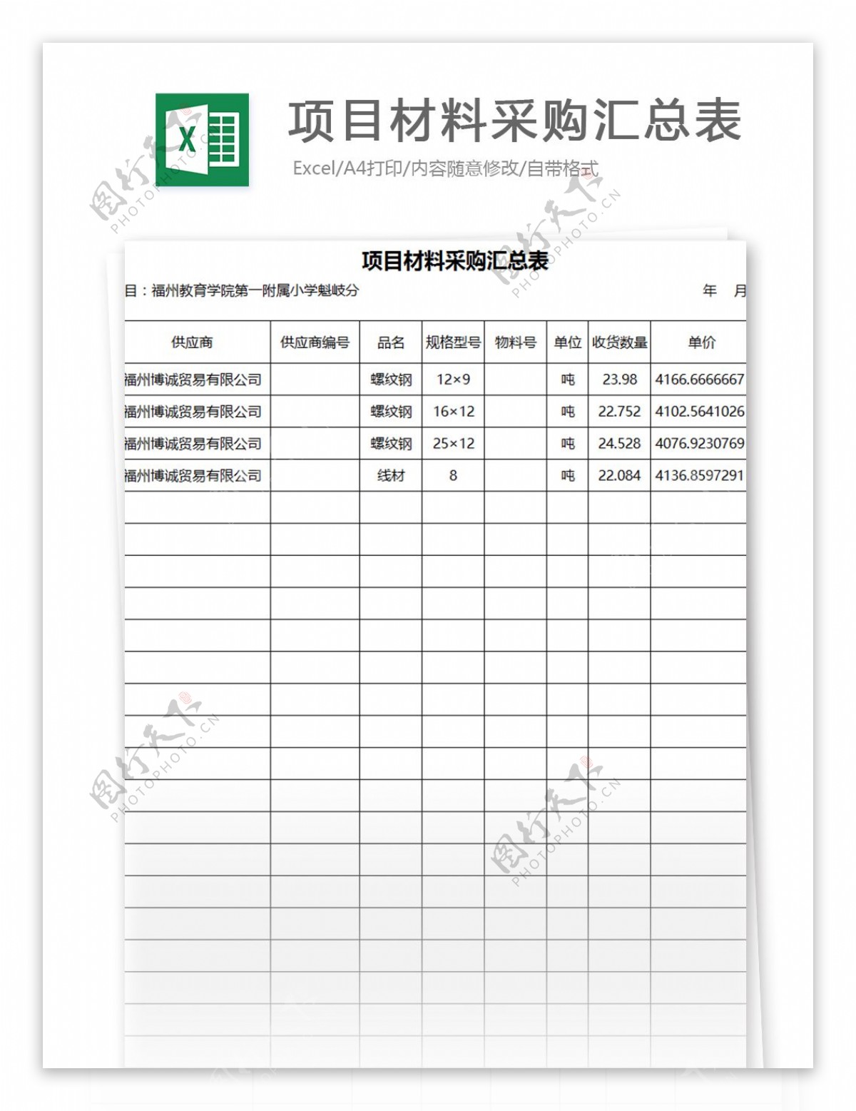 项目材料采购汇总表