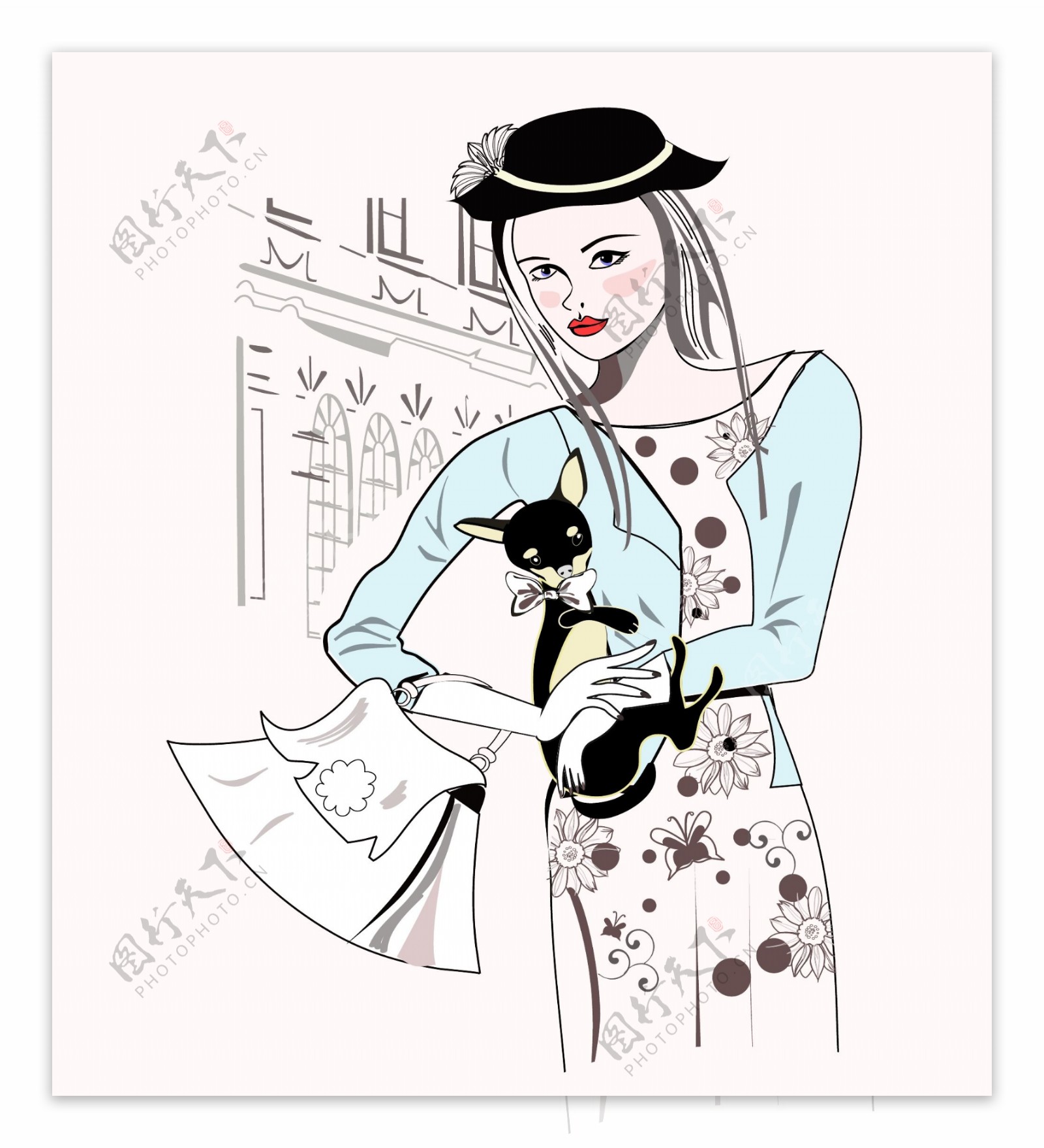 手绘抱小猫的时尚女人插画