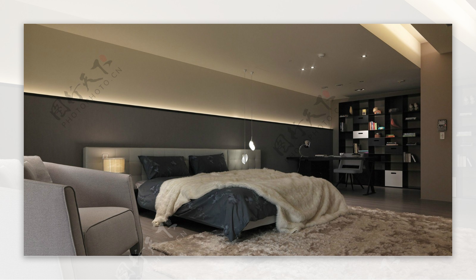 现代文艺卧室浅褐色地毯室内装修效果图