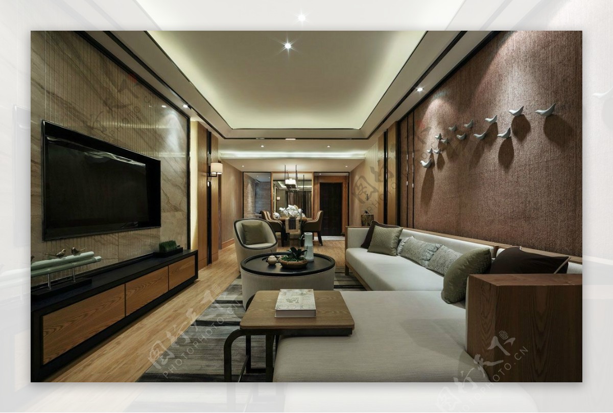 现代时尚客厅褐色花纹背景墙室内装修效果图