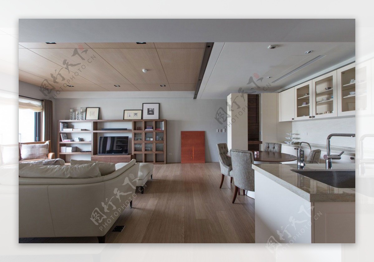 北欧清新客厅褐色天花板室内JPEG效果图