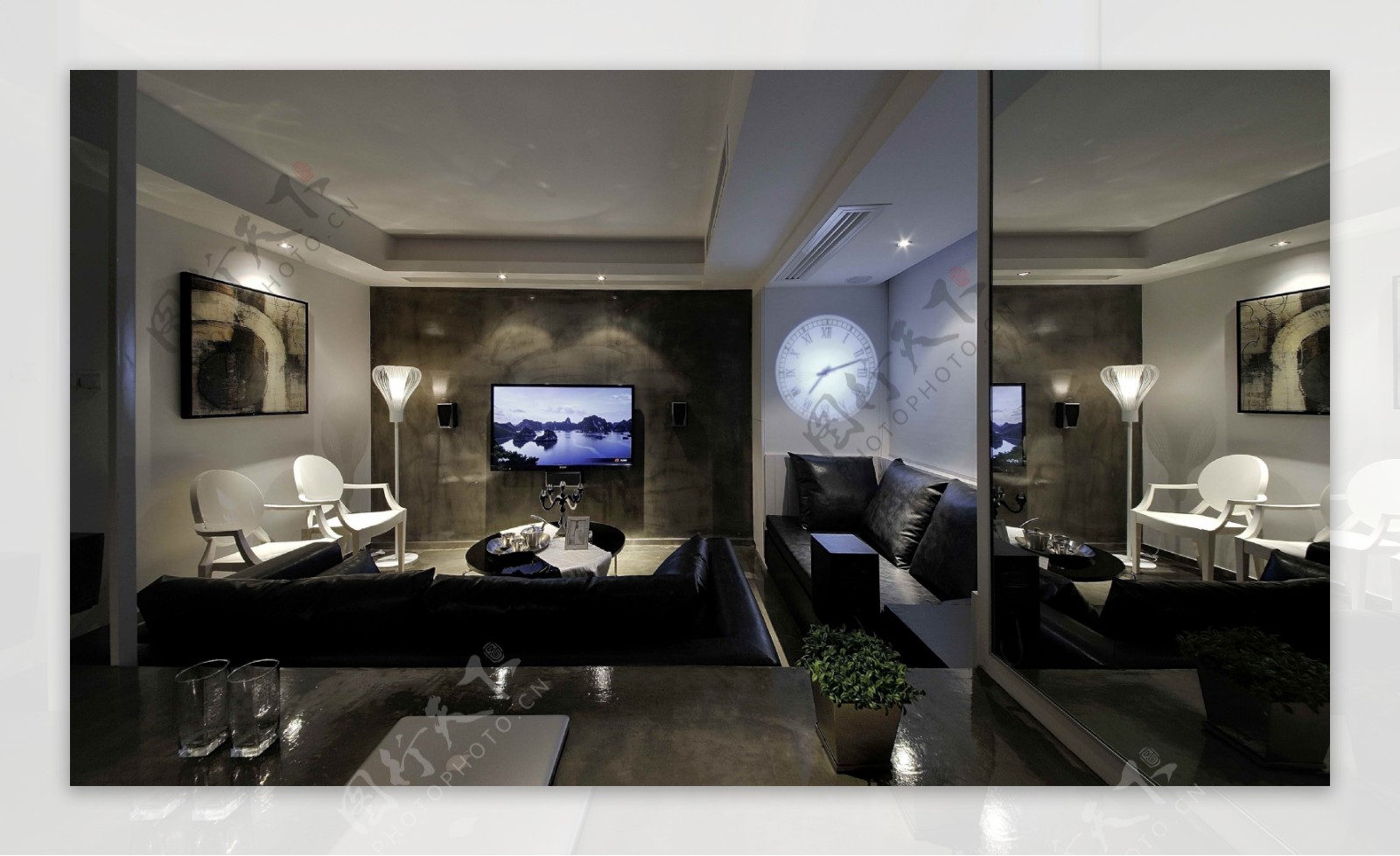 港式时尚客厅深色家具室内装修JPEG图