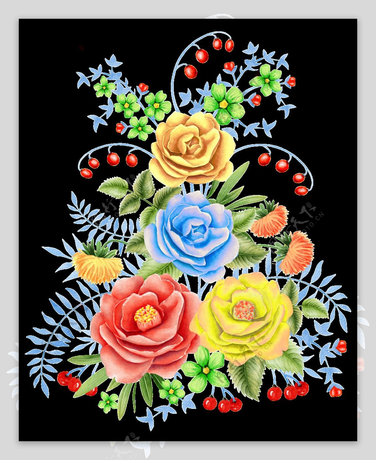 手绘颜色鲜艳的玫瑰花png透明素材