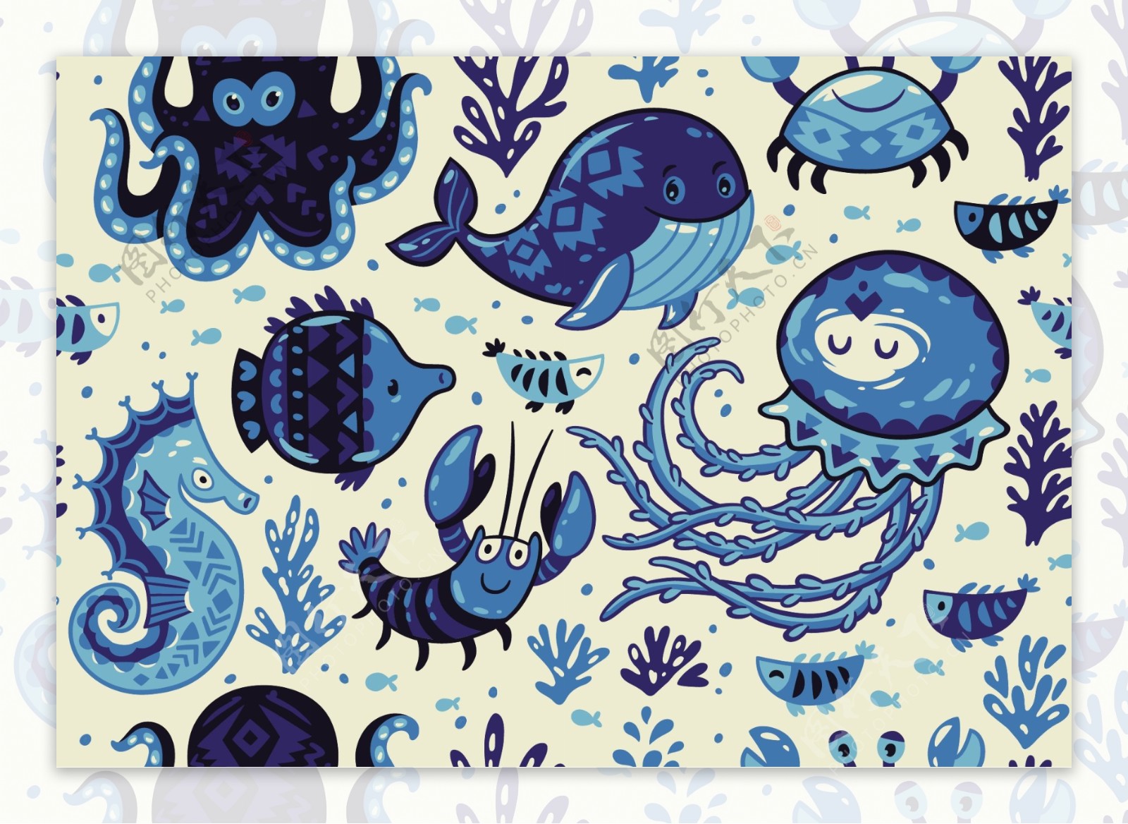 蓝色卡通海洋动物背景
