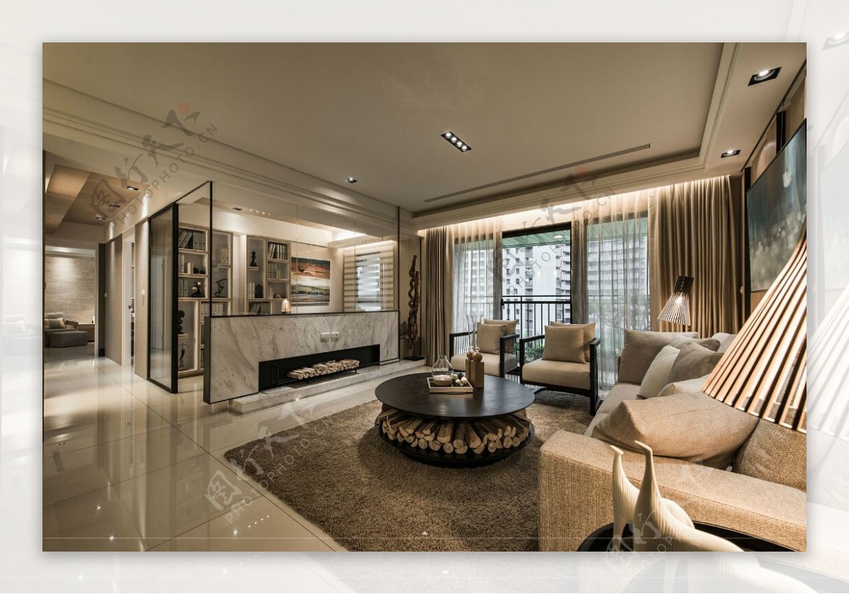 现代时尚轻奢客厅白色瓷砖地板室内装修图